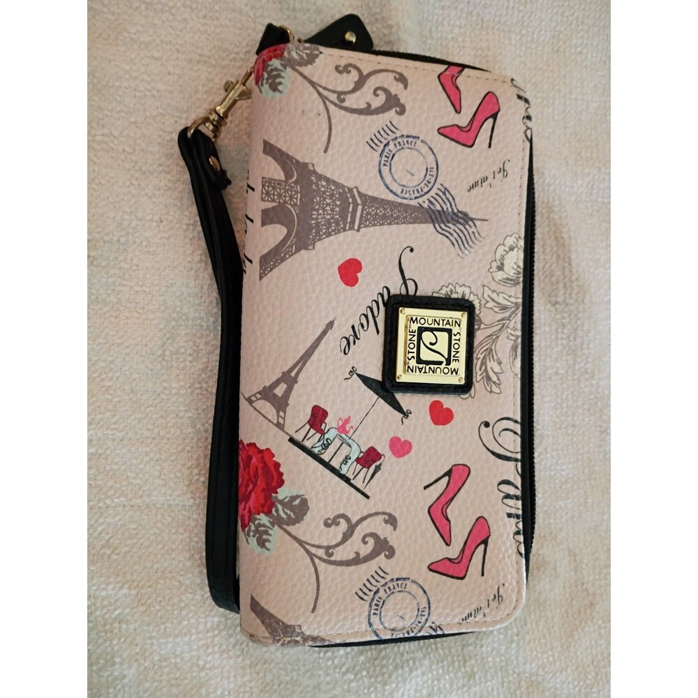 Stone Mountain Paris Wristlet Wallet Eiffel Tower Cream Floral Clutch